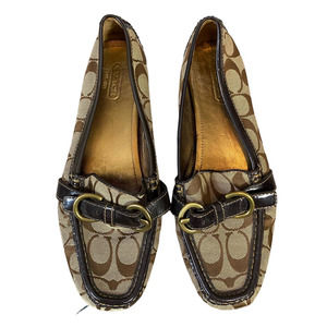 Coach Women Sharin Khaki Flat Loafers Patent Trim Rubber Sole Buckle Brown SZ 8